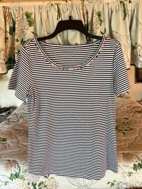 Talbots Navy & White Stripe Short Sleeve Tee with Embroidered Dot Trim - Small